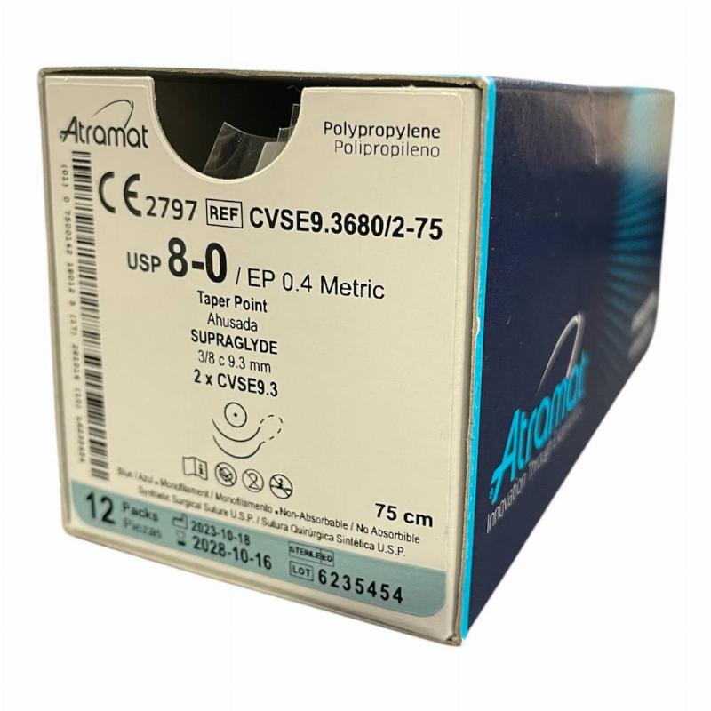 Поліпропілен монофіламент синій, не розсмоктується USP 8-0 (EP0.4), дві колючих голки 9.3мм, 3/8кола, довж. нитки 75см